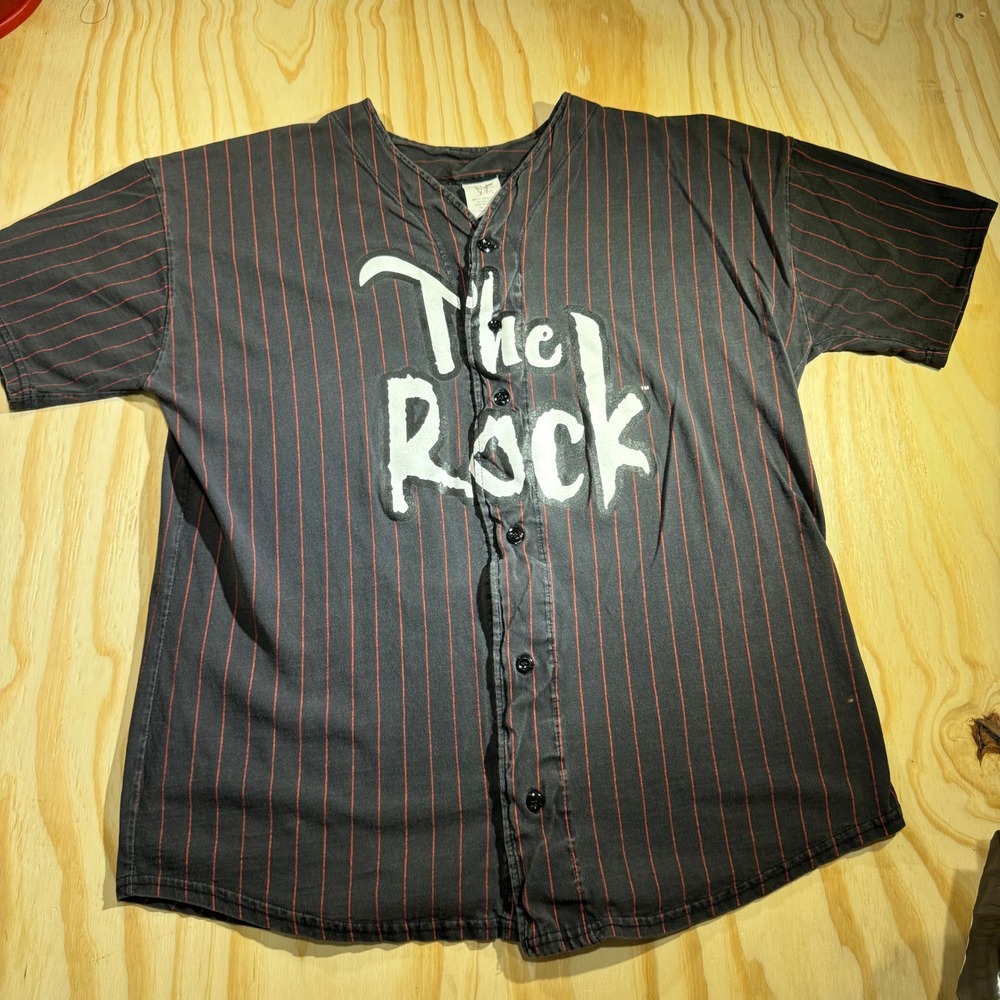WWF Men's The Rock Pinstripe Baseball Jersey Black Vintage Attitude Era Size XXL